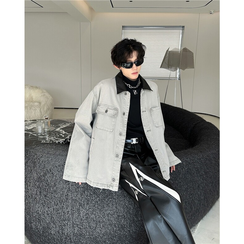 撞色拼接设计感牛仔工装男潮牌复古个性翻领夹克外套8967P67，男装工装外套，星座410-2