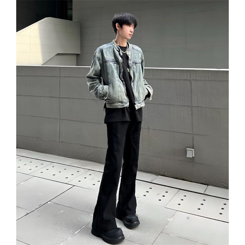 美式高街vibe拉链开叉做旧黑色直筒微喇显瘦牛仔裤SK1038P32,男装牛仔裤,星座1112-1