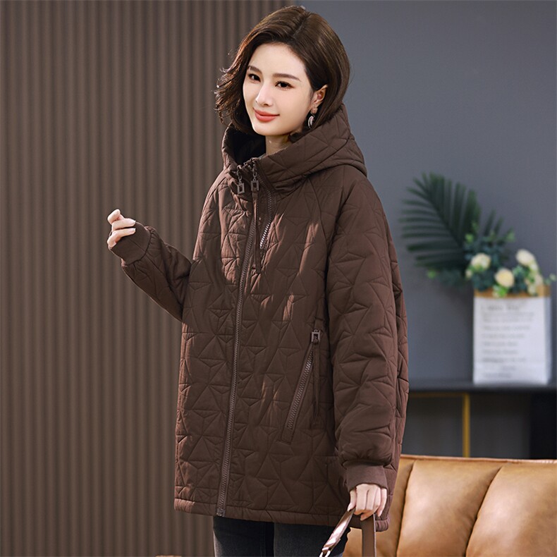休闲连帽棉衣女中长款2025冬季新款中年妈妈大码宽松棉袄加棉外套，女装棉衣/棉服，独衣靓