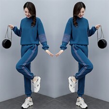 加绒加厚休闲服套装女春秋新款半高领卫衣减龄拼接运动显瘦两件套，女装套装/套裙，凯瑟曼