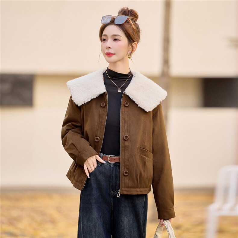 现货2025年冬季新款时尚麂皮绒羽绒服,女装羽绒服,悦祺