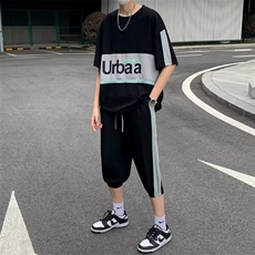 ins流行简约新款文艺原宿五分裤五分袖T恤慵懒男夏季休闲套装潮流，男装T恤，星座1013
