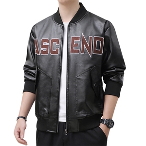 秋季大码2XL-8XL男士休闲棒球领绣花皮衣夹克外套图片