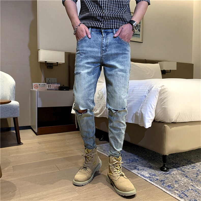 B230-1028P85复古浅蓝色刀割破洞切边休闲小脚弹力牛仔裤男青年,男装牛仔裤,电商B230