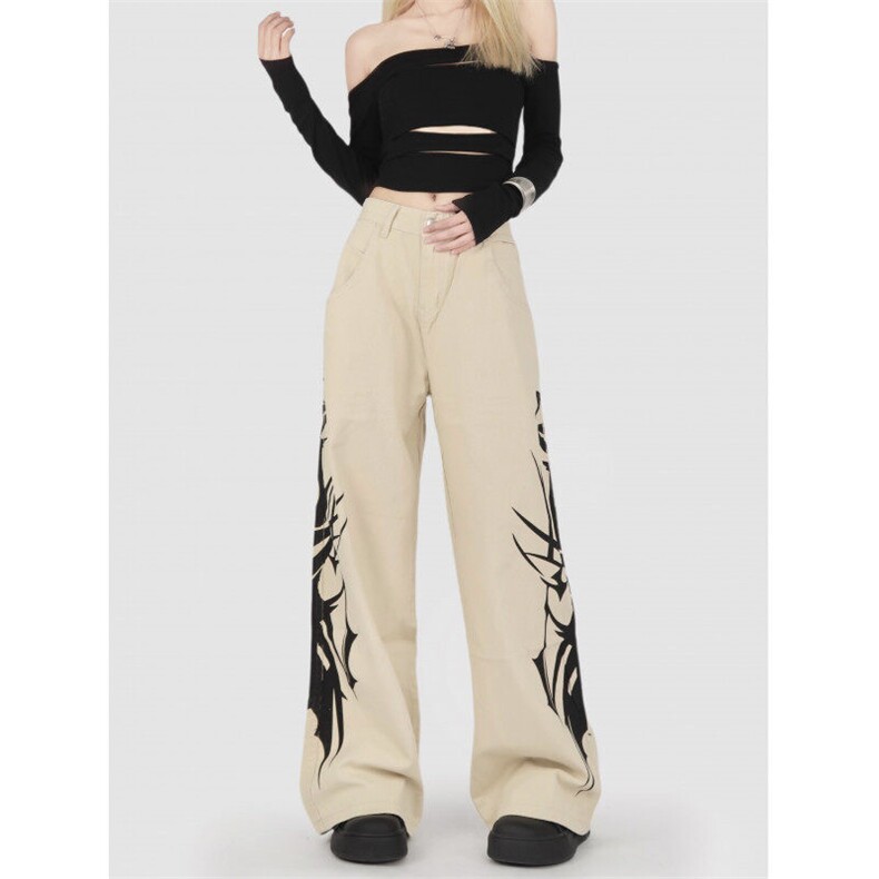 2307-P48彩绘印花个性复古直筒牛仔裤女高街跳舞百搭裤子，女装休闲裤，电商A306A