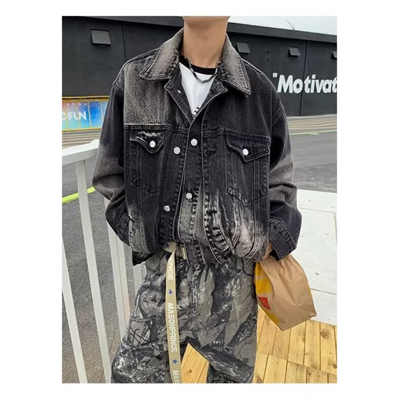 美式高街vibe扎染牛仔外套春秋款男破坏高级感情侣牛仔衣工装夹克,男装工装外套,星座1013