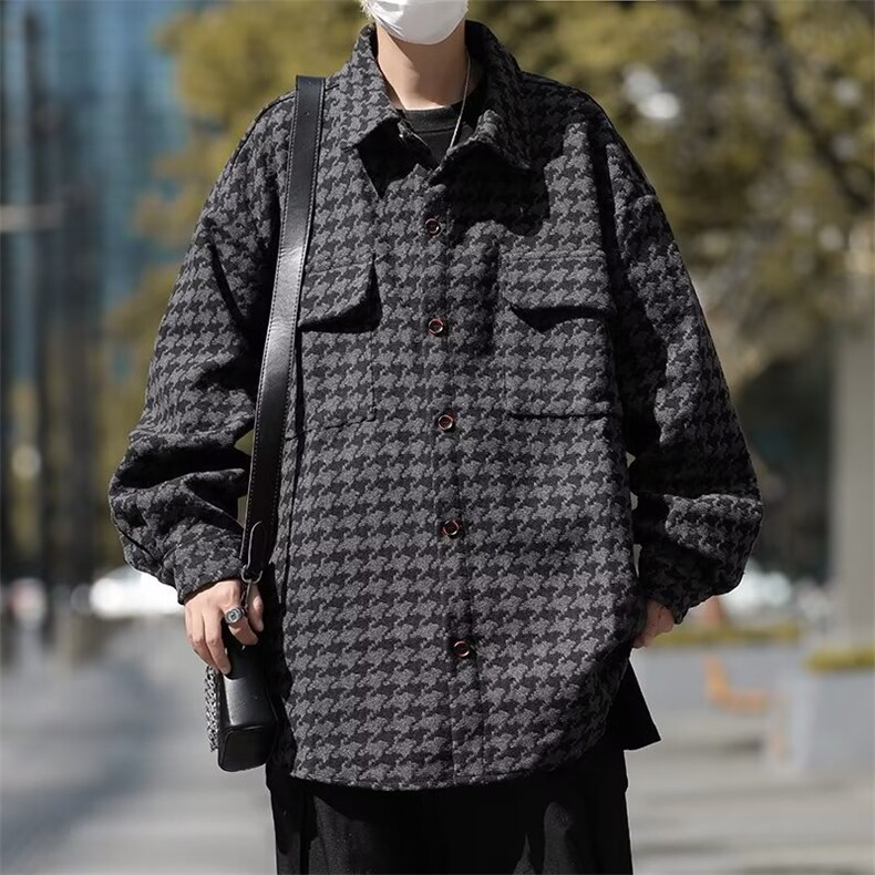 千鸟格小香风外套男春秋季呢料上衣潮流学院风工装夹克JK099P85，男装夹克，星座410-2