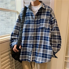 男春秋情侣蓝色格子衬衫时尚宽松男女复古百搭长袖衬衣W1365P35，男装衬衫，星座1116-2