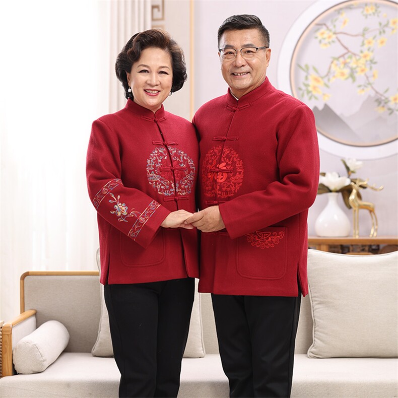 秋冬新款中老年女装福字刺绣保暖防风立领毛呢上衣，女装中老年女装，亚东羊绒制品