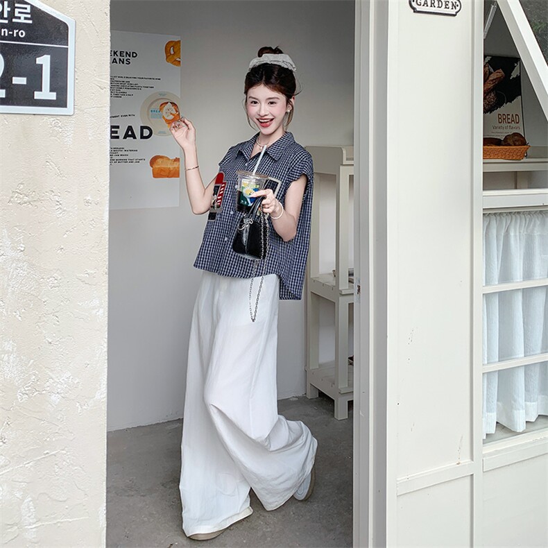 俏皮格子衬衫阔腿裤套装女夏2025新款两件套爆款高级感超火流行,女装衬衫,浙宝220