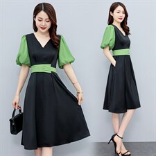 法式气质连衣裙女夏2022新款洋气减龄收腰显瘦拼接撞色中长款裙子，女装连衣裙，辉之琳