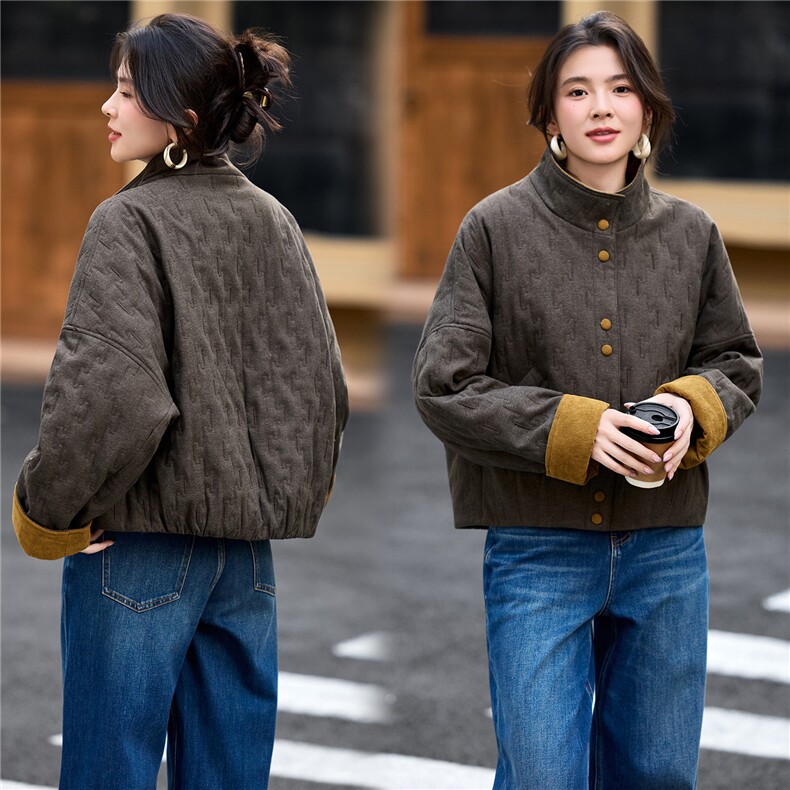 2025年冬季灯芯绒撞色翻领拼接夹棉棉服短外套棉衣,女装棉衣/棉服,简韵佳