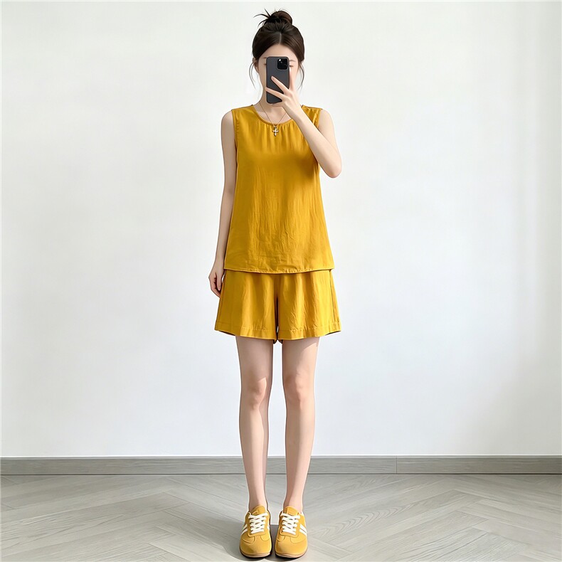 韩版休闲时尚套装女夏款个性简约纯色圆领无袖上衣阔腿短裤两件套,女装套装/套裙,江南