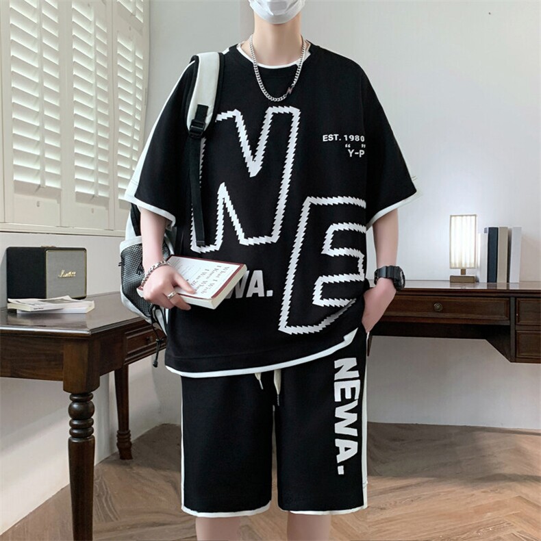 港风套装男休闲宽松冰丝青年圆领短袖T恤短裤两件套-JZ6208-P38,男装牛仔裤,星座310B-3