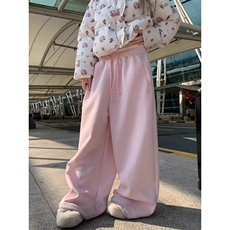 W11053-P58网图现货新款芭比粉高腰垂感宽松加绒拖地直筒裤，男装卫衣，星座1608