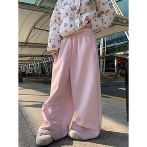 W11053-P58 网图现货 新款芭比粉高腰垂感宽松加绒拖地直筒裤图片