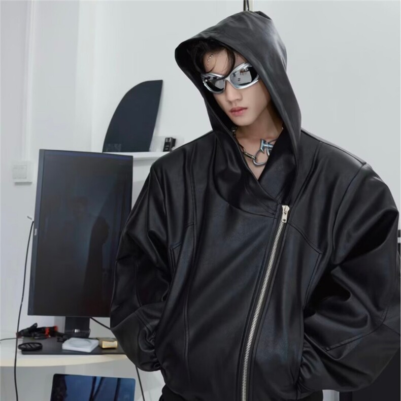 HT97-P65欧美嘻哈街头拉链解构连帽皮衣外套男小众潮牌高级感,男装皮衣,电商B323A