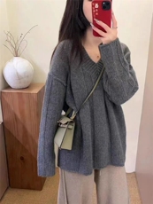 秋冬新款纯色针织v领套头上衣时尚百搭，女装针织衫/毛衣，冀清阳荣