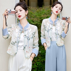 新中式国风阔腿裤女2024夏季新款气质禅意刺绣盘扣上衣，女装防晒衣，韩美纤衣