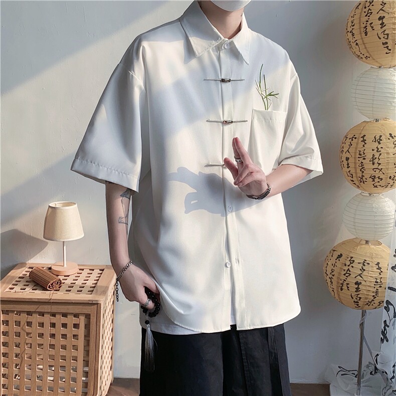 W265-P48高级感风新中式刺绣金属飞机扣宽松慵懒衬衫男女,男装衬衫,星座911-1