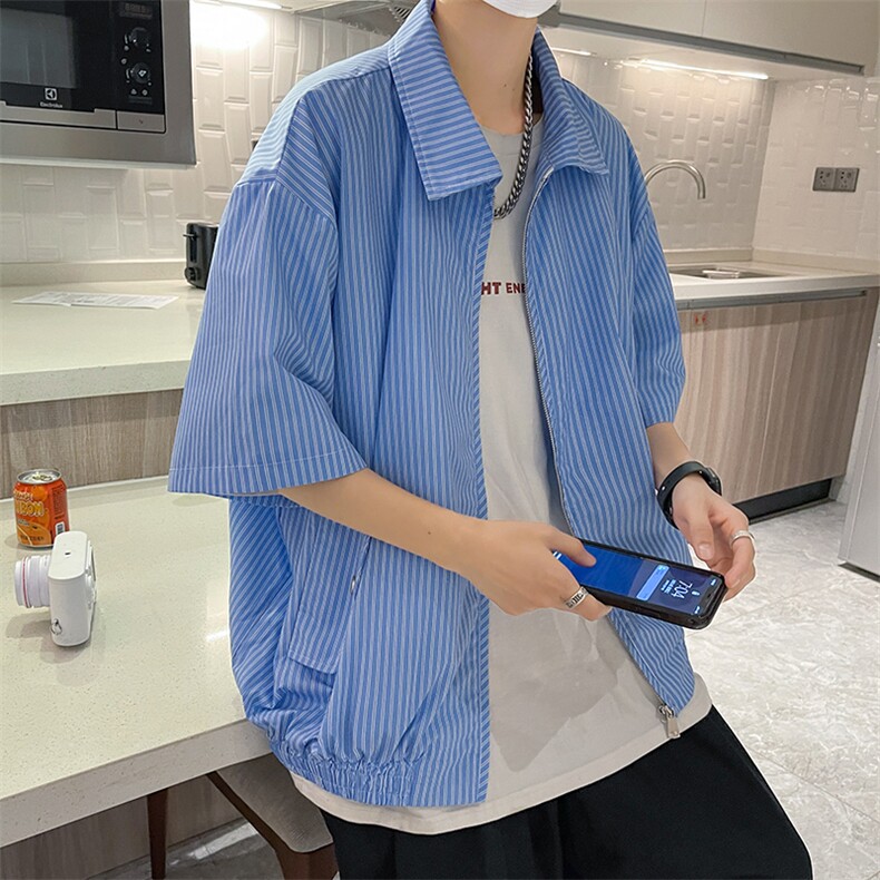 禁欲系古巴领衬衫男复古休闲宽松垂感长袖肌理感坑条衬衣,男装衬衫,星座716-3