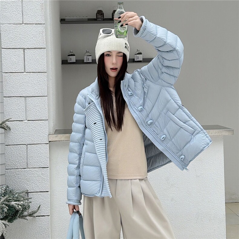 2025冬装新款时尚针织拼接门襟羽绒服,女装羽绒服,曼琳思菲