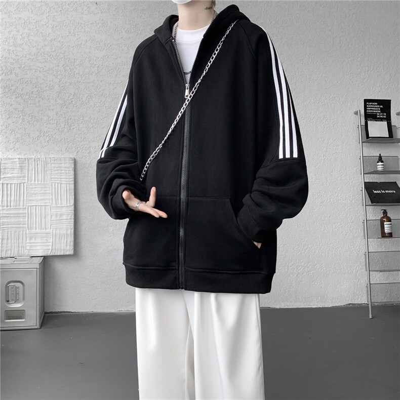 8XL-M秋冬美式运动三条杠条纹开衫卫衣连帽特大码宽松JK5206/P65,男装卫衣,电商B238