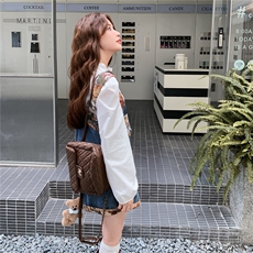 小清新牛仔提花拼拼背带裤两件套2C081-0268P165K258，女装套装/套裙，2C081