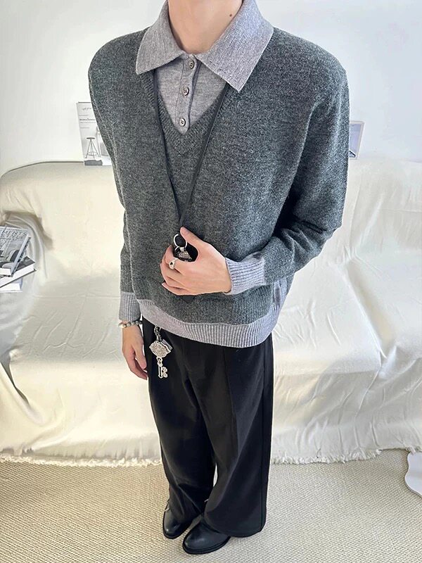 美式复古假两件毛衣男款秋冬高智感拼接衬衫领针织衫老钱风polo衫,男装针织衫/毛衣,电商D256