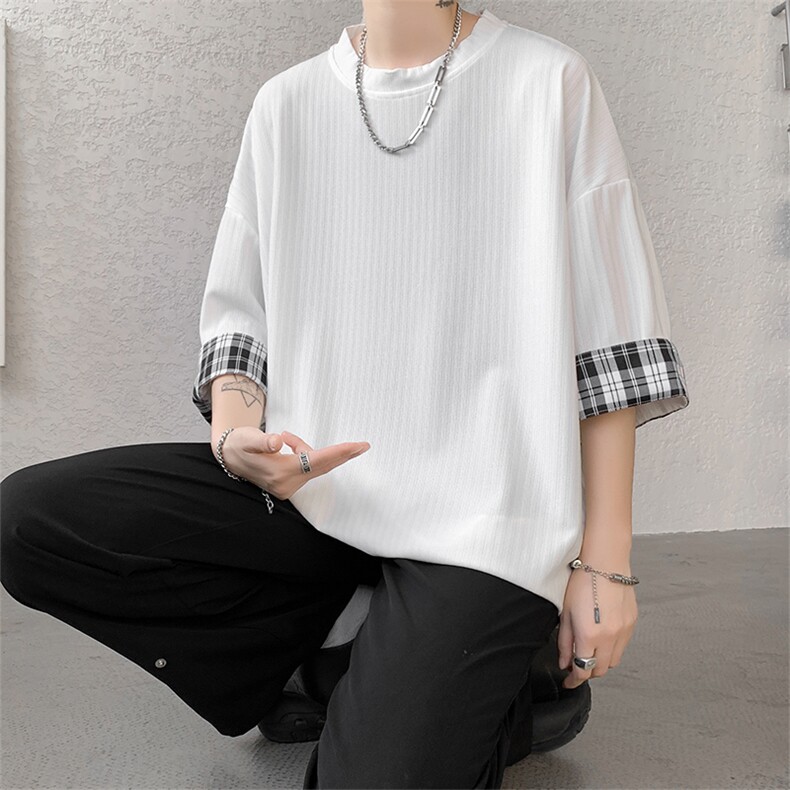 现货A059-7822-P38控58夏季高品质冰丝短拼色宽松大码T恤短袖,男装T恤,电商A059