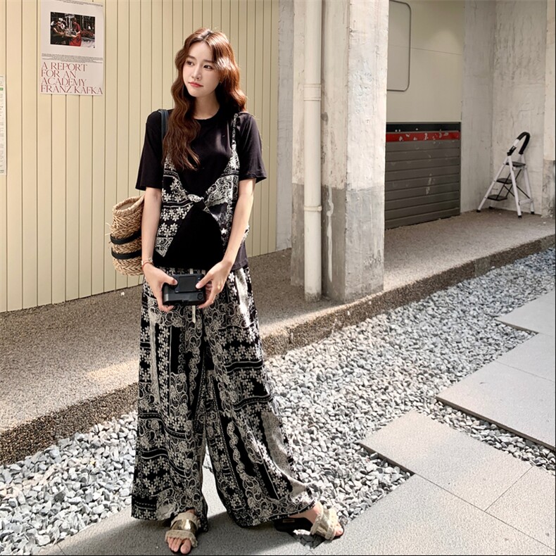 复古印花假两件上衣阔腿裤两件套女2025夏新款法式松弛感休闲套装,女装套装/套裙,2C115