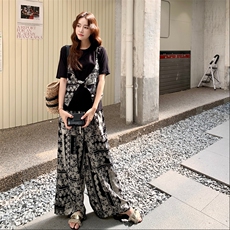 复古印花假两件上衣阔腿裤两件套女2025夏新款法式松弛感休闲套装，女装套装/套裙，2C115