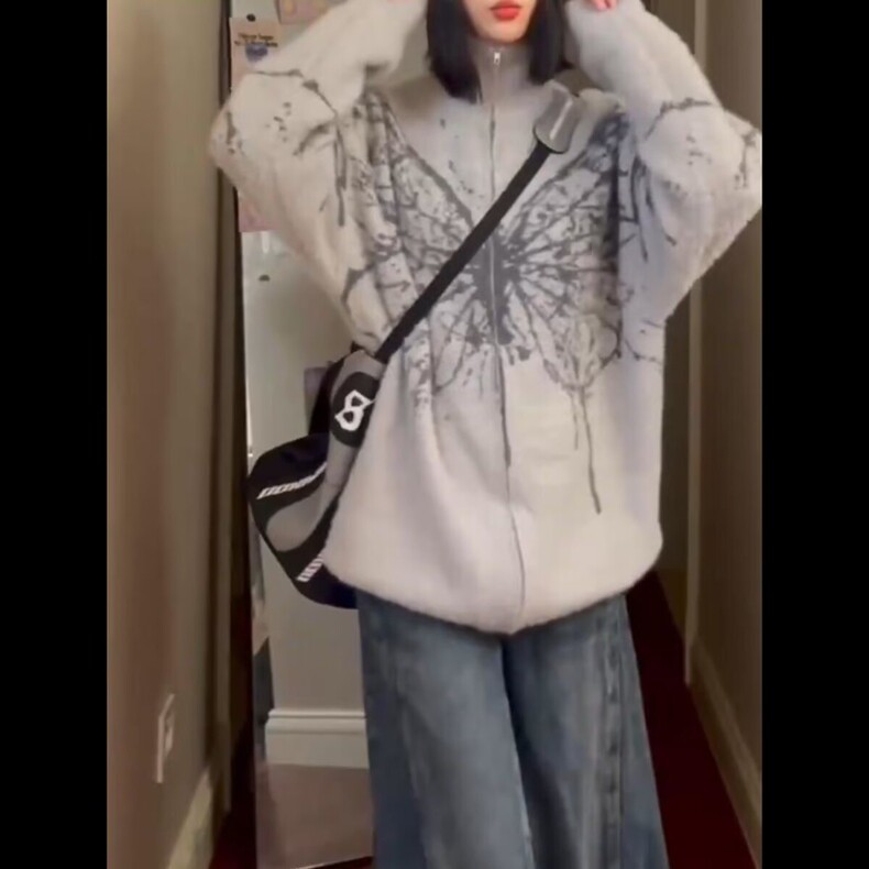 美式复古蝴蝶提花拉链开衫毛衣男女冬季潮牌街头慵懒宽松针织外套,针织衫/毛衣,星座218-8