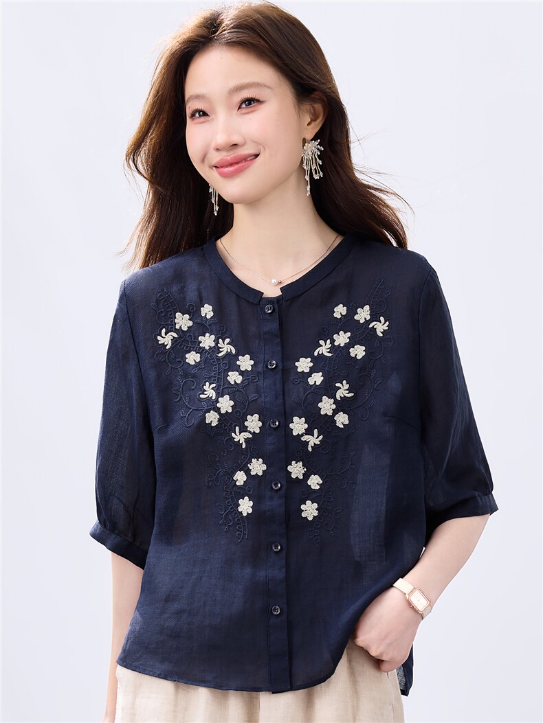 2026夏季苎麻时尚简约大方气质优雅刺绣休闲透气上衣,女装衬衫,独衣靓