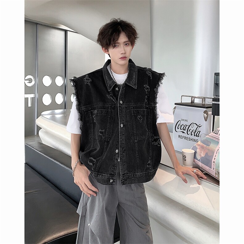 复古水洗磨破短款牛仔马甲无袖男X夏潮流帅气坎肩上衣MJ8942-P58,男装背心/马甲,星座308B-1