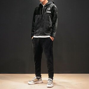 703-TZ172日系男士套装双面金丝绒拼灯芯绒大码加绒冲锋卫衣,男装套装,星座703