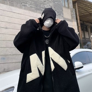 羊羔毛棉衣外套男秋冬季港风连帽加绒大码棉袄加厚宽松棉服 W66图片