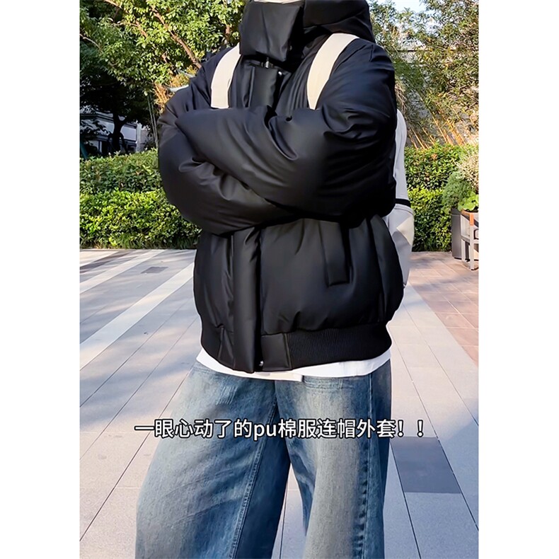 现货5W件冬季三防重磅boxy短款羽绒连帽PU皮棉衣外套防风加厚棉服，男装棉衣，电商A486