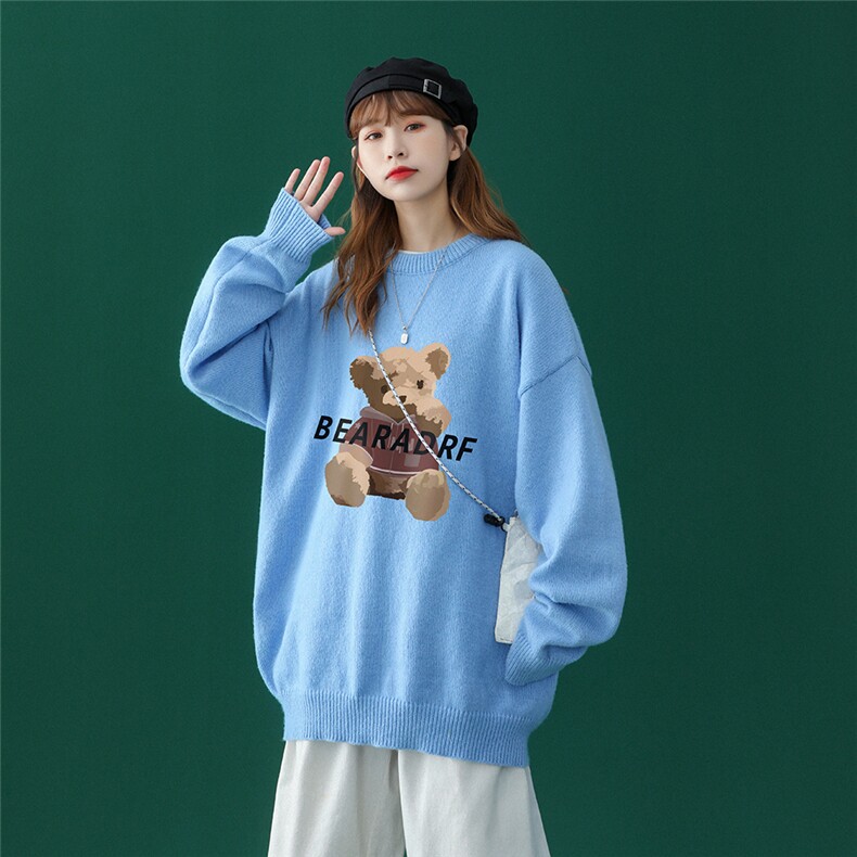 中性22秋冬新款设计感小熊印花圆领套头情侣毛衣M806P55加绒65K78,男装针织衫/毛衣,A247A