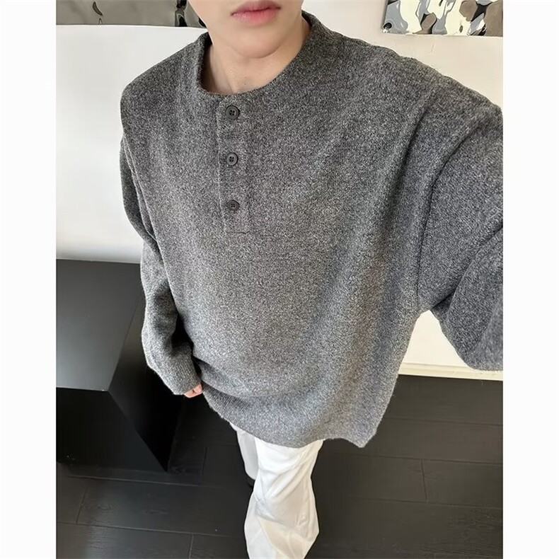 复古亨利领纽扣毛衣男款冬季灰色休闲宽松百搭针织上衣M6527图片