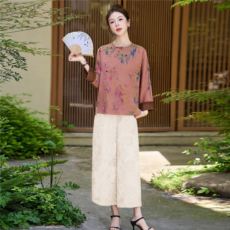 长期有货2026夏装新款印花复古提花天丝休闲两件套装女中式阔腿裤,女装套装/套裙,璐依舞