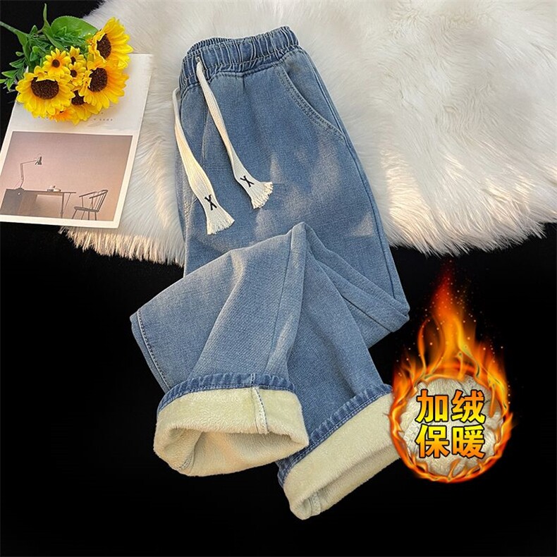 秋冬款加绒主推港风街头宽松直筒休闲潮流百搭X绳男女保暖牛仔裤，男装牛仔裤，星座224