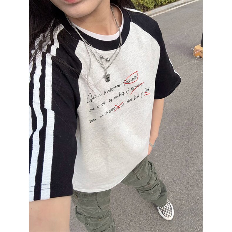 抖音得物品质二开240克宽松纯棉美式潮牌插肩三杠织带短袖T恤,男装T恤,电商A486