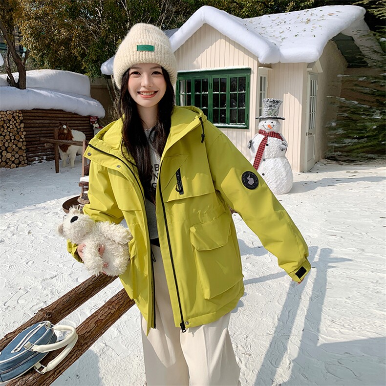 黄色连帽工装派克羽绒服女2025年冬季外套高级感韩系小个子白鸭绒图片