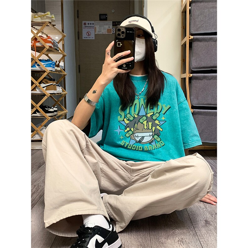 中性风水洗做旧卡通印花短袖男女学院风港风ins潮流夏装T恤,男装T恤,电商C306-1