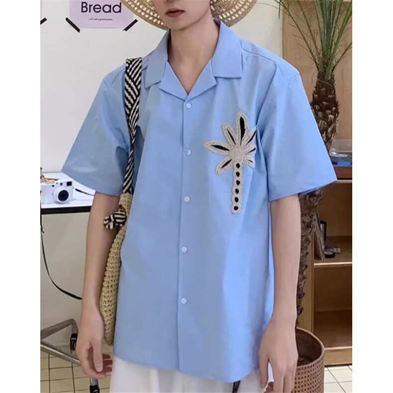 夏季简约基础椰树刺编织短袖衬衫度假风百搭休闲衬衣C22541,男装T恤,星座1116A（原606A-3）