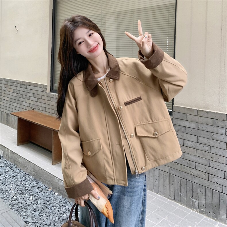 巴恩风卡其色羽绒服女冬2025年超火好看高级小众加厚短款工装外套,女装短外套,2C232