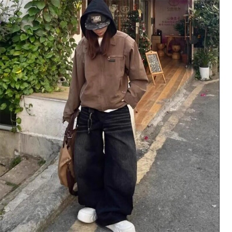 美式复古黑色弯刀牛仔裤男女款高街设计感宽松显瘦垂感阔腿裤子,男装休闲裤,星座506A
