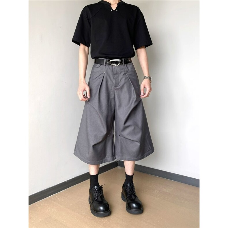 美式铆钉褶皱设计西装短裤男夏季2025新款痞帅七分裤DA033-P42，男装牛仔裤，星座208-5