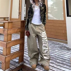 个性韩版字母印花弯刀牛仔裤女春秋新款宽松阔腿拖地工装牛仔裤子，男装牛仔裤，星座506A